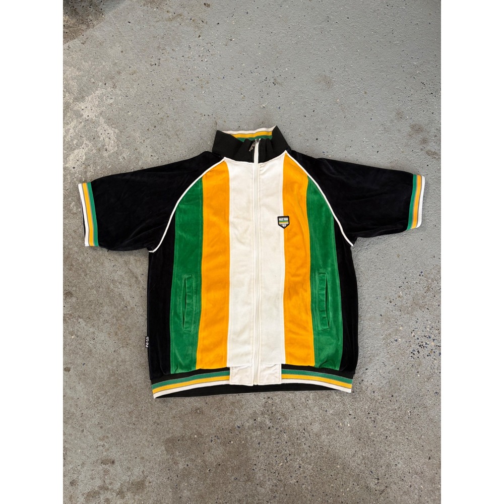 Vintage Y2K Phat Farm Velour Short Sleeve Track Jacket Green Yellow Large L